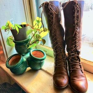 Brown faux leather lace up boots